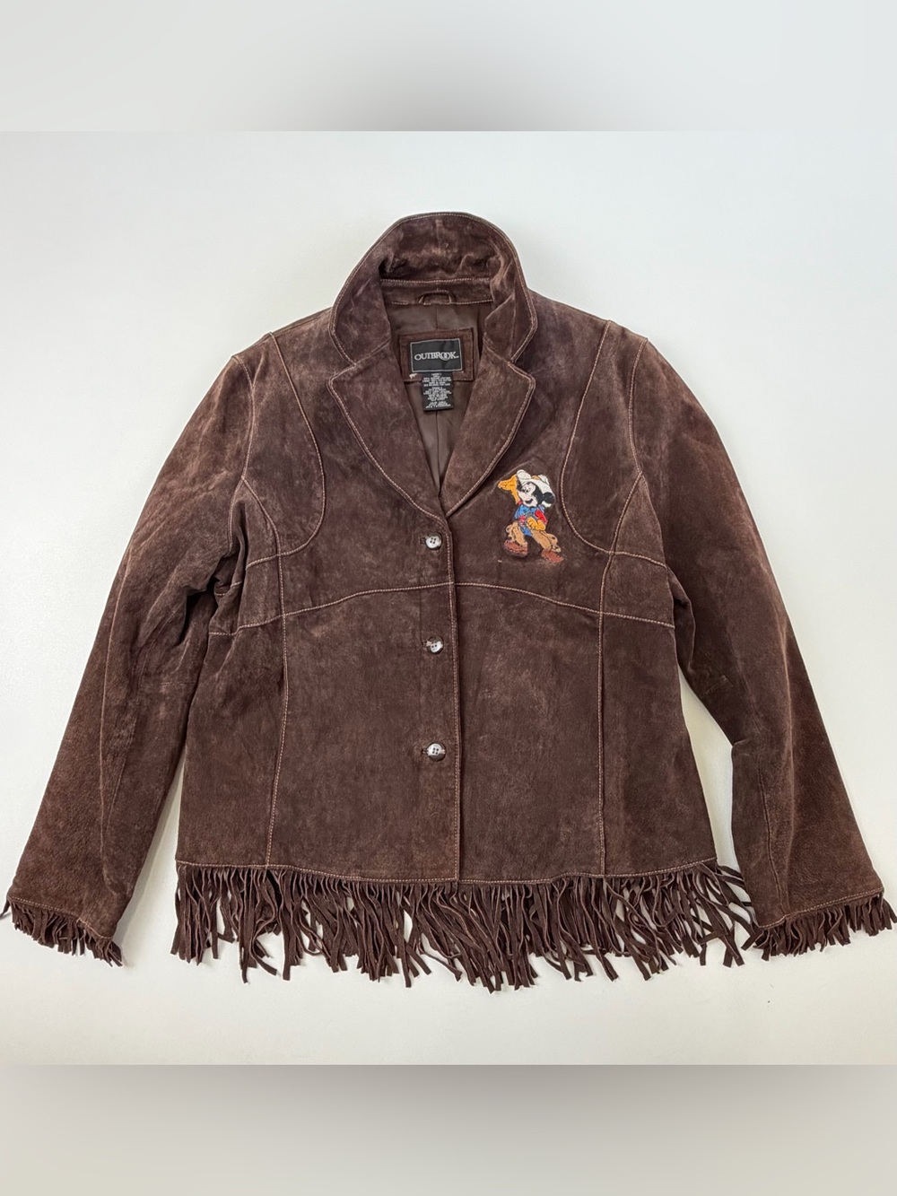 Outbrook Brown Suede Leather Fringe Western Jacket L Cowboy Mouse Embroidery - Picture 2 of 7